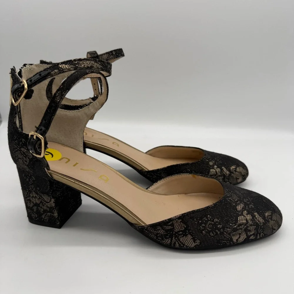 Unisa Georgie-M Womens 9M Black Gold Floral Brocade Block Heel Ankle Strap Pumps